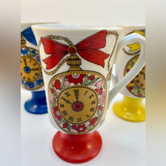 Vintage Elana Arnart 5th Ave Footed Coffee Cup set, COFFEE TIME CLOCK Steampunk - Picture 1 of 13